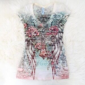 California Blue Y2K Rhinestone Cross Mesh Baby Tee